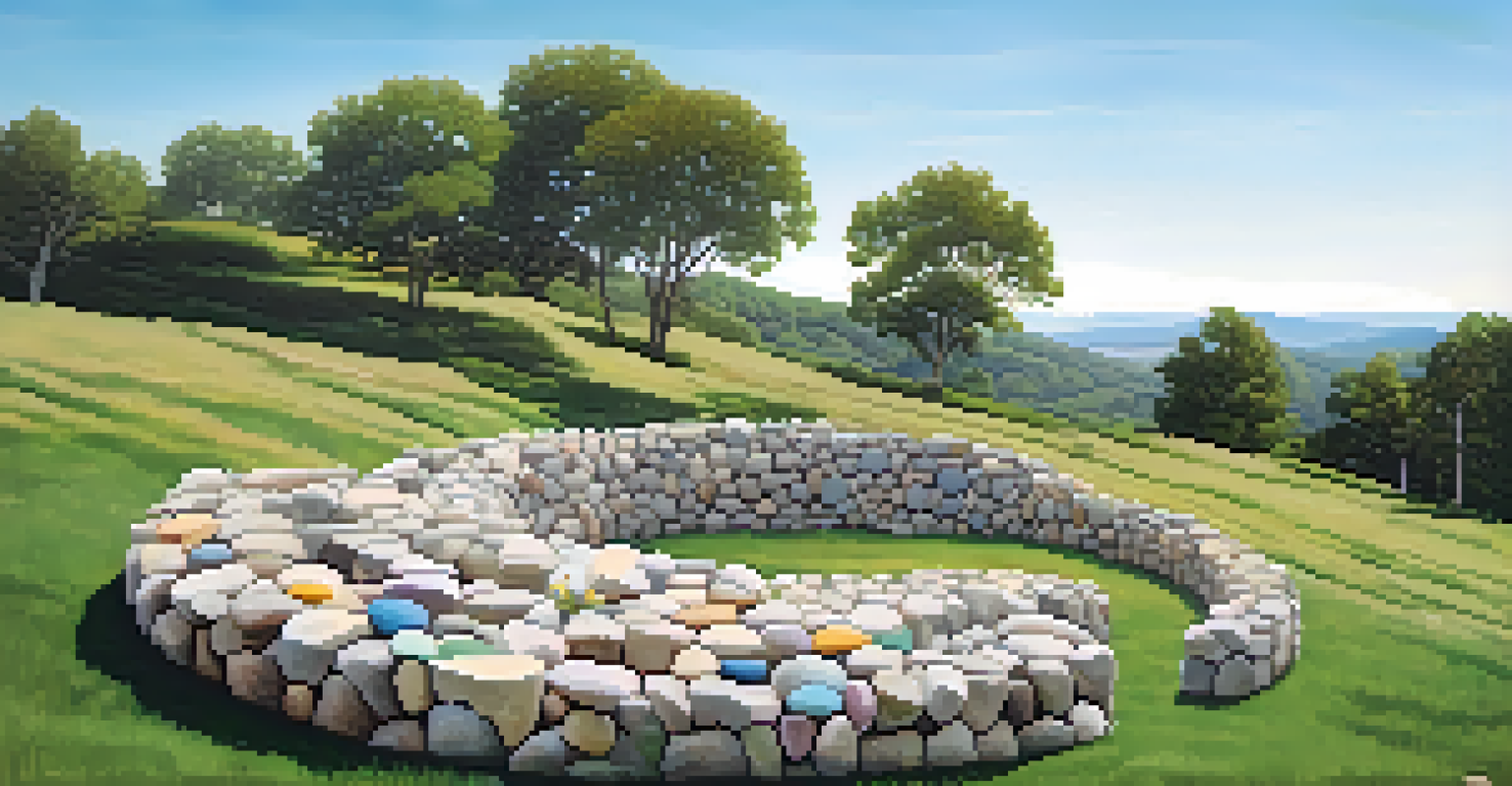 A contemporary art installation made of stones in a spiral on a grassy hill, surrounded by trees and flowers, under a blue sky.