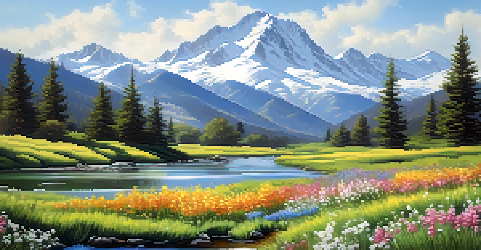 A tranquil mountain scene in spring with wildflowers, a flowing stream, and snow-capped peaks.