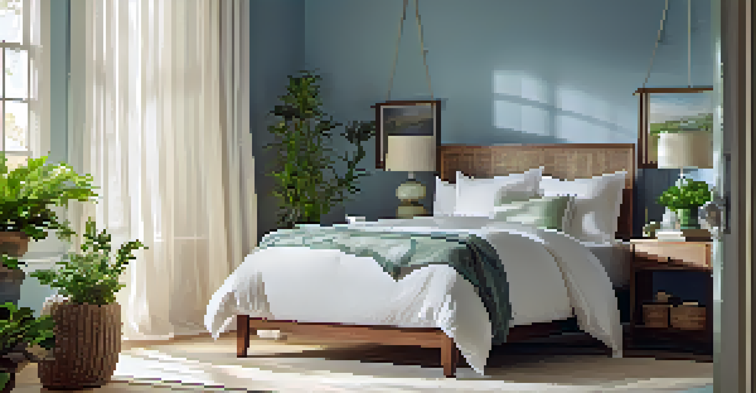 A tranquil bedroom with soft blue walls, white bedding, and green plants, enhanced by natural light from sheer curtains.