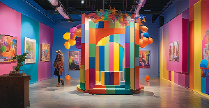 A colorful art installation representing various gender identities with sculptures and abstract murals in the background.