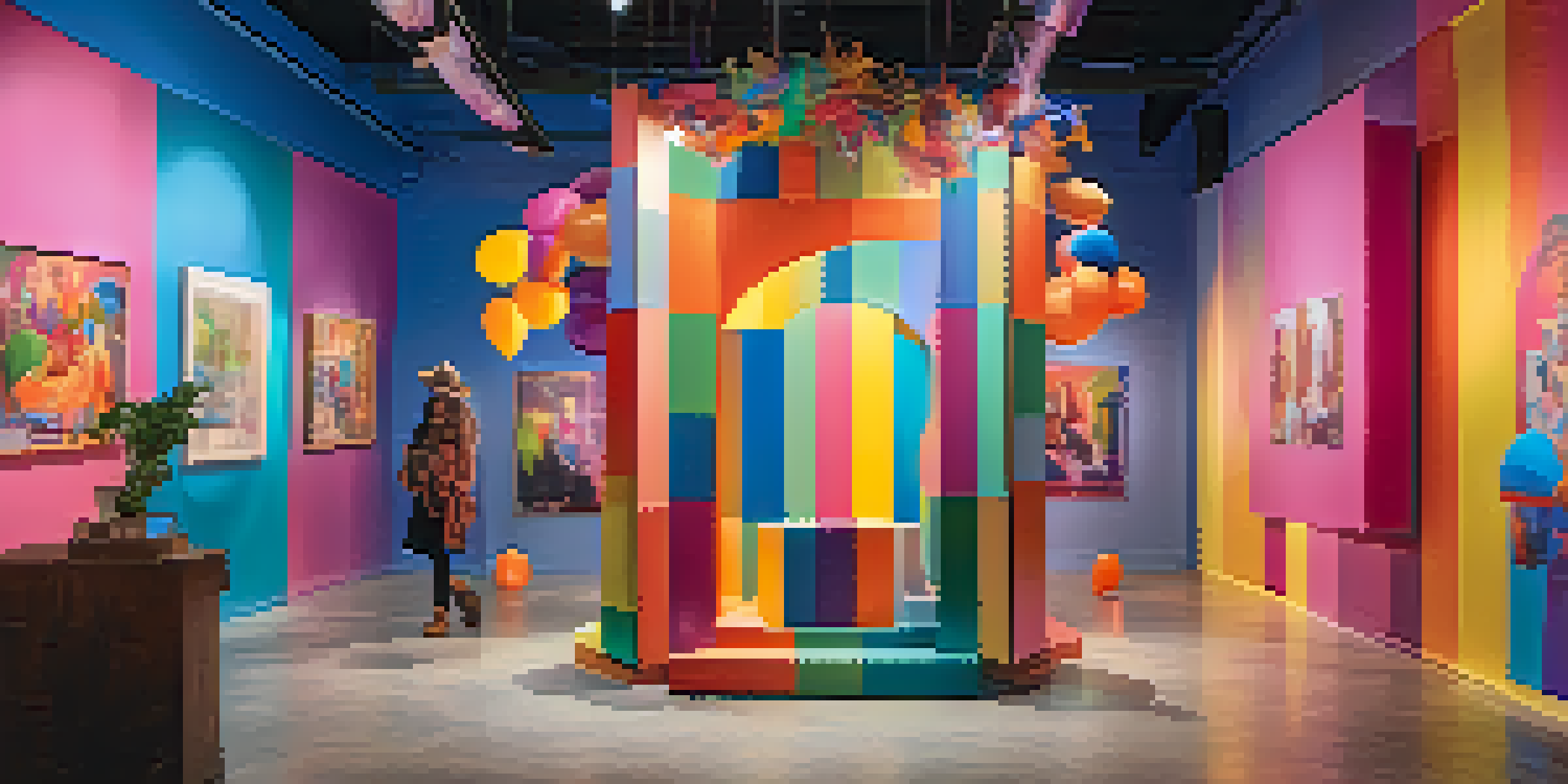 A colorful art installation representing various gender identities with sculptures and abstract murals in the background.