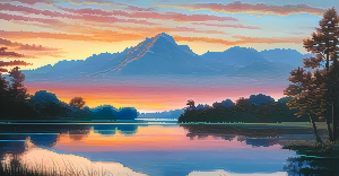 A tranquil sunset landscape with orange and pink hues in the sky, silhouetted trees in the foreground, and a calm lake reflecting the colors.