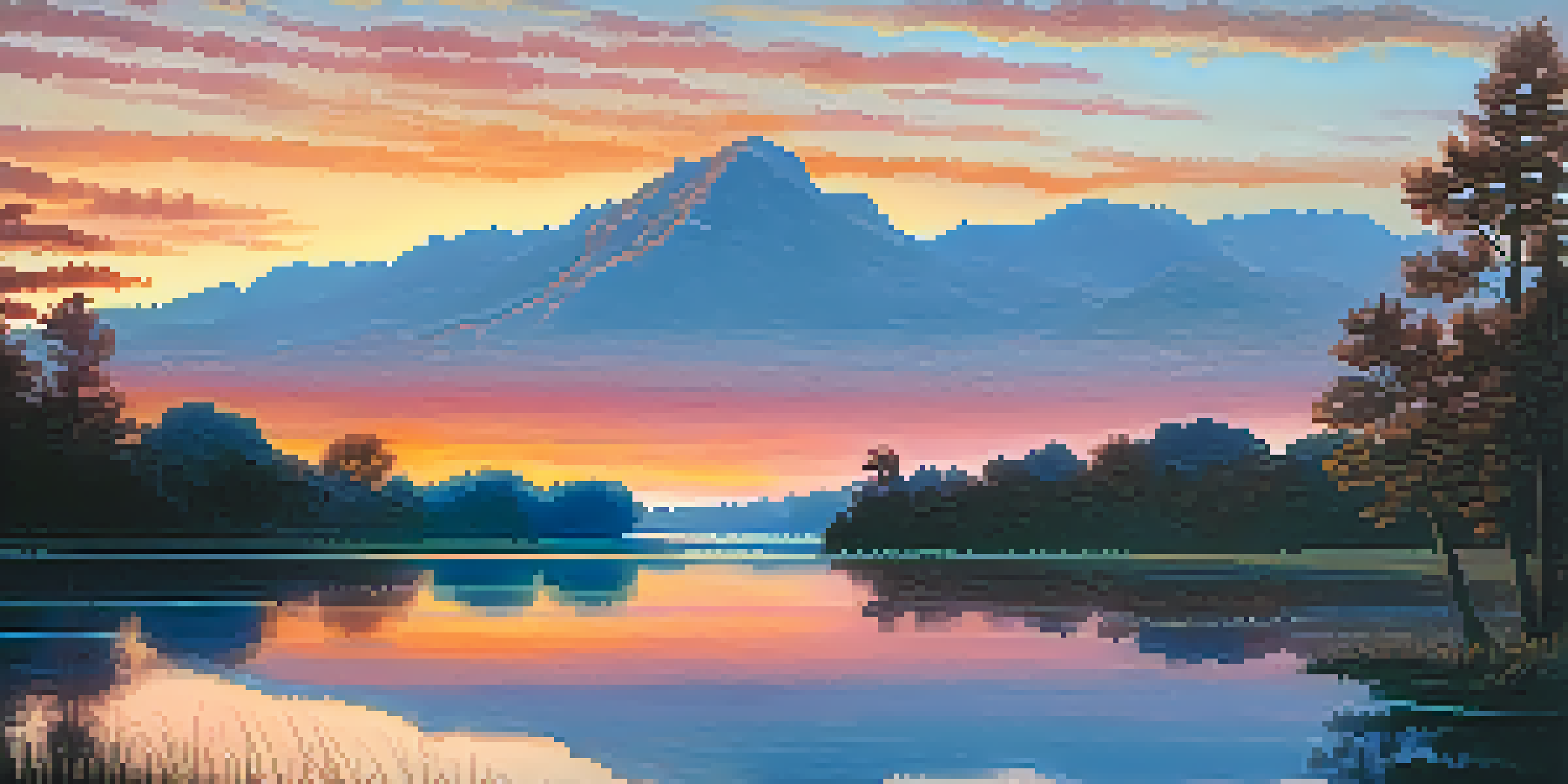 A tranquil sunset landscape with orange and pink hues in the sky, silhouetted trees in the foreground, and a calm lake reflecting the colors.