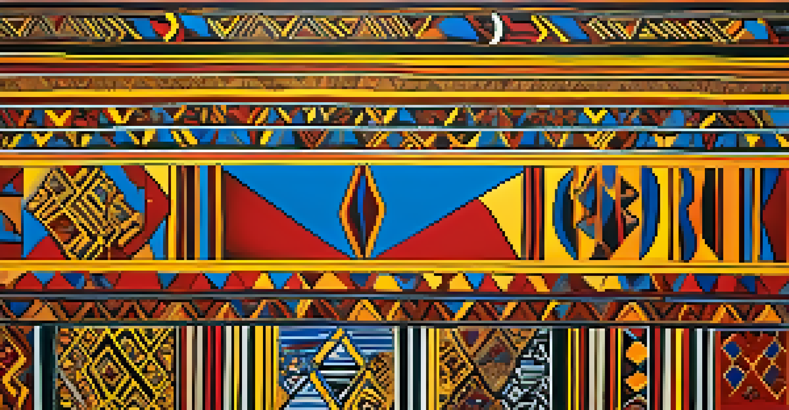 A colorful African painting with geometric patterns depicting a tribal scene in bright hues.