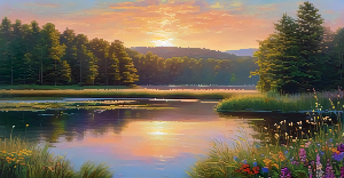 A peaceful landscape with a lake and colorful wildflowers under a sunset sky.