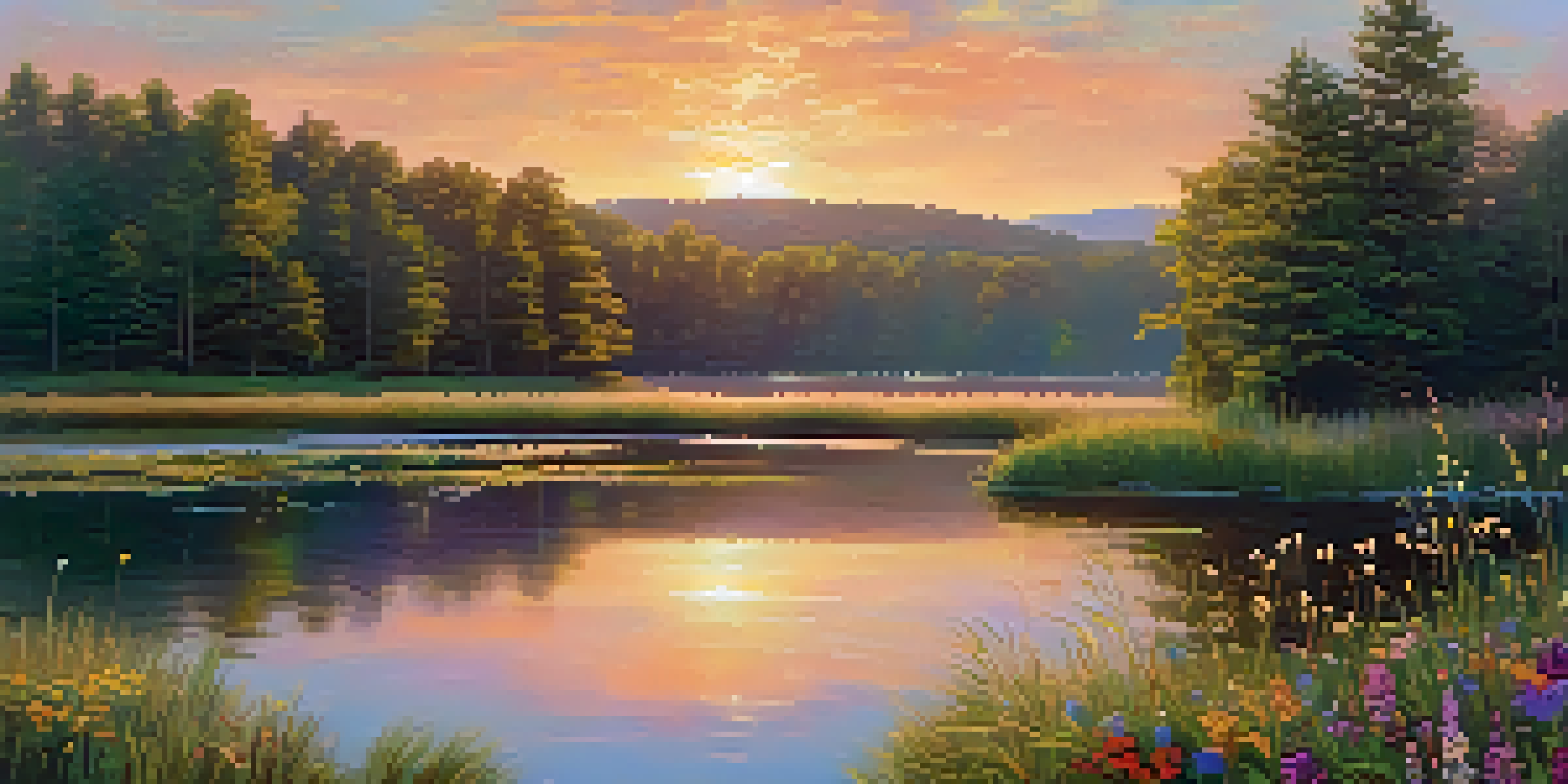 A peaceful landscape with a lake and colorful wildflowers under a sunset sky.