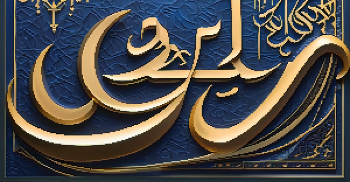 A detailed view of Arabic calligraphy with a textured blue and gold background, showcasing the beauty of the script.