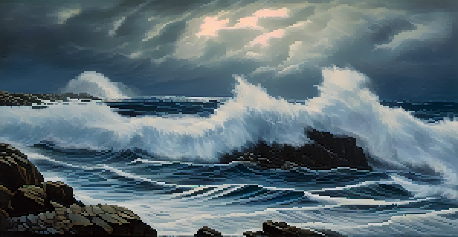 A stormy seascape with dark clouds and turbulent waves crashing against rocks.