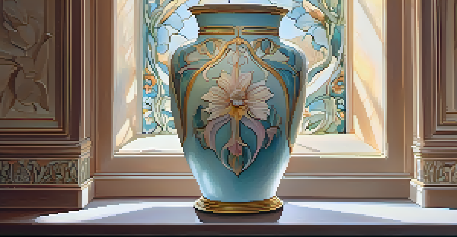 An Art Nouveau decorative ceramic vase with floral engravings, illuminated by natural sunlight against a pastel background.