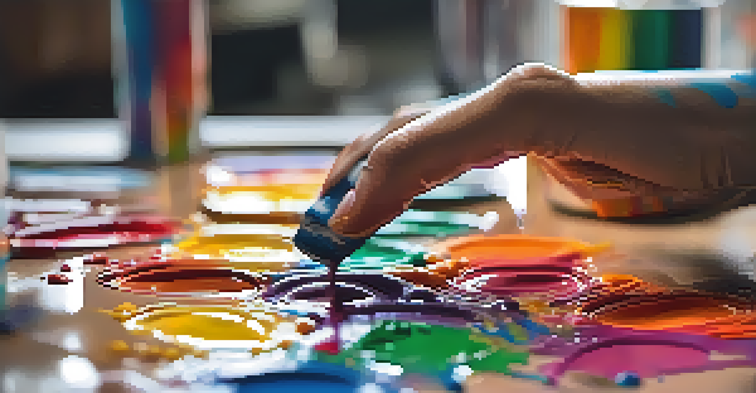 A close-up view of a hand mixing colorful acrylic paints on a palette, with splatters of paint in the background.