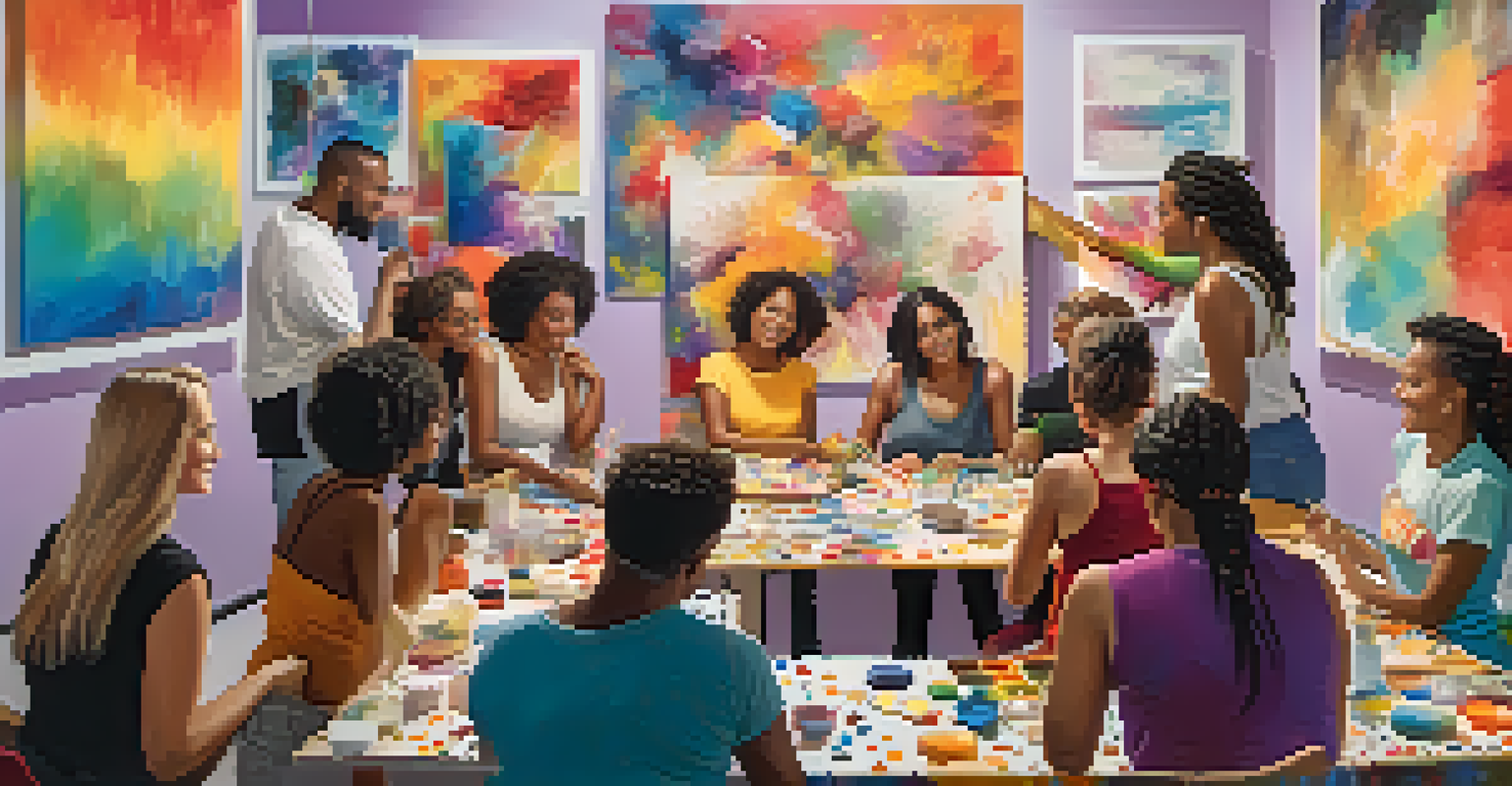 A diverse group of individuals working together on an art project, expressing emotions through painting in a supportive environment.
