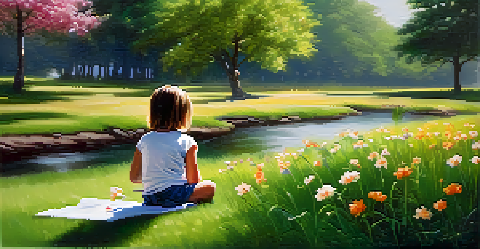A child painting a landscape scene on a canvas while sitting on the grass in a beautiful park filled with blooming flowers.
