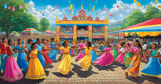 A colorful mural illustrating a lively community celebration with diverse people dancing and wearing traditional outfits under a sunny sky.