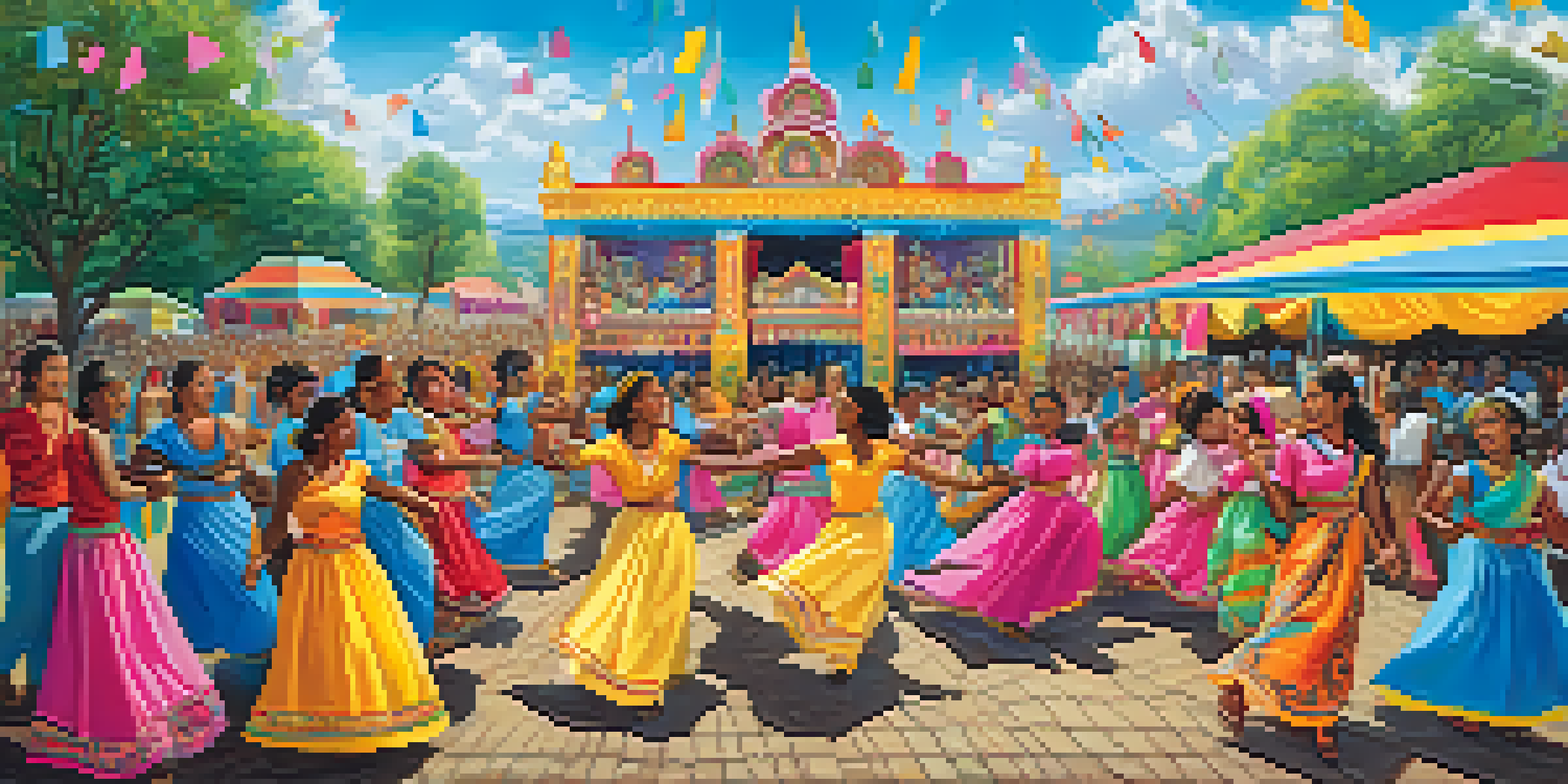 A colorful mural illustrating a lively community celebration with diverse people dancing and wearing traditional outfits under a sunny sky.