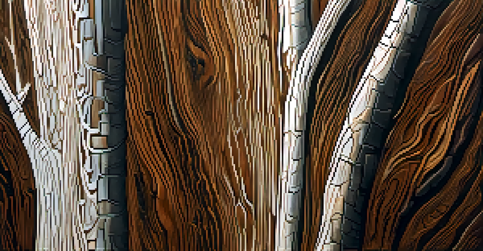 An abstract oil painting with intricate sgraffito patterns resembling tree bark, featuring rich brown and lighter scratched designs.