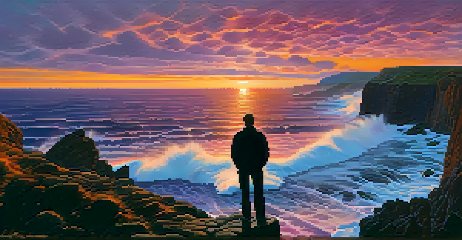 A stunning sunset over rocky cliffs with crashing waves, featuring a silhouetted figure looking out at the colorful sky.