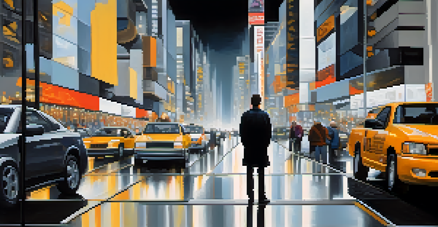 A solitary figure in a busy urban setting, surrounded by blurred motion of cars and crowds, highlighting themes of isolation and modernity.