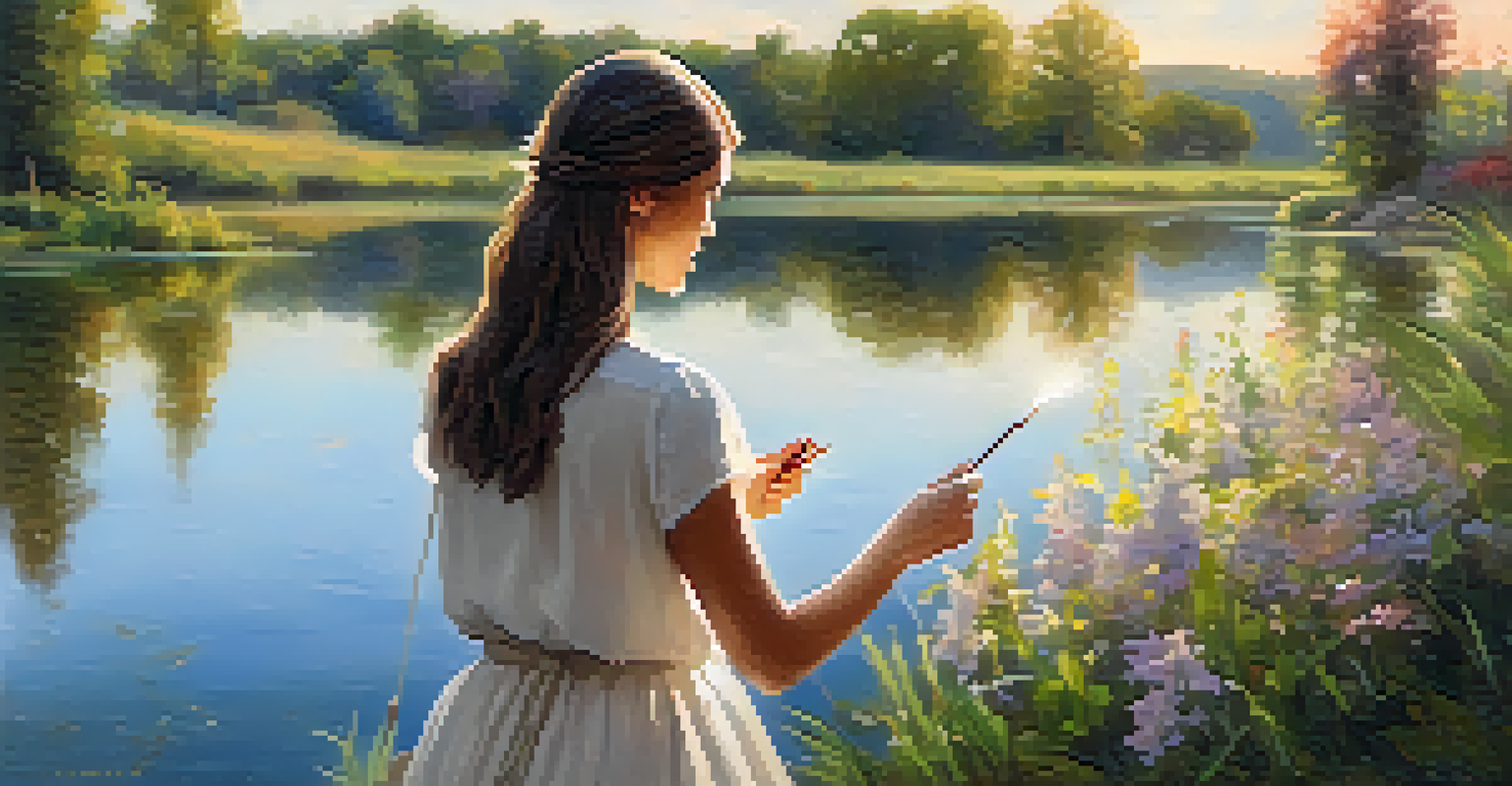 A woman artist painting by a lake, with blooming flowers and soft reflections in the water, in a serene setting.