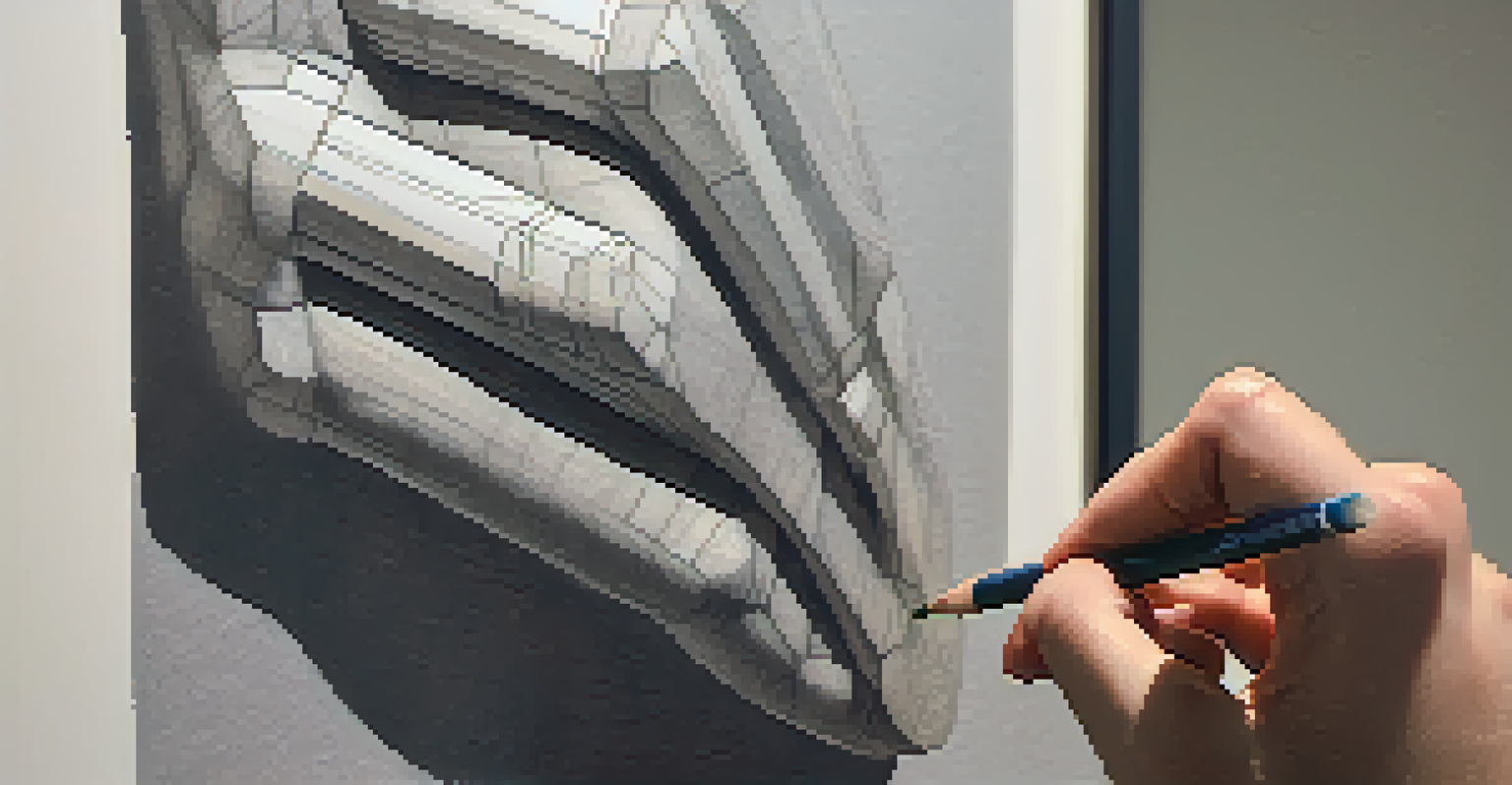 A hand sketching an abstract sculpture at an art exhibition, highlighting the details and textures of both the sculpture and the drawing.