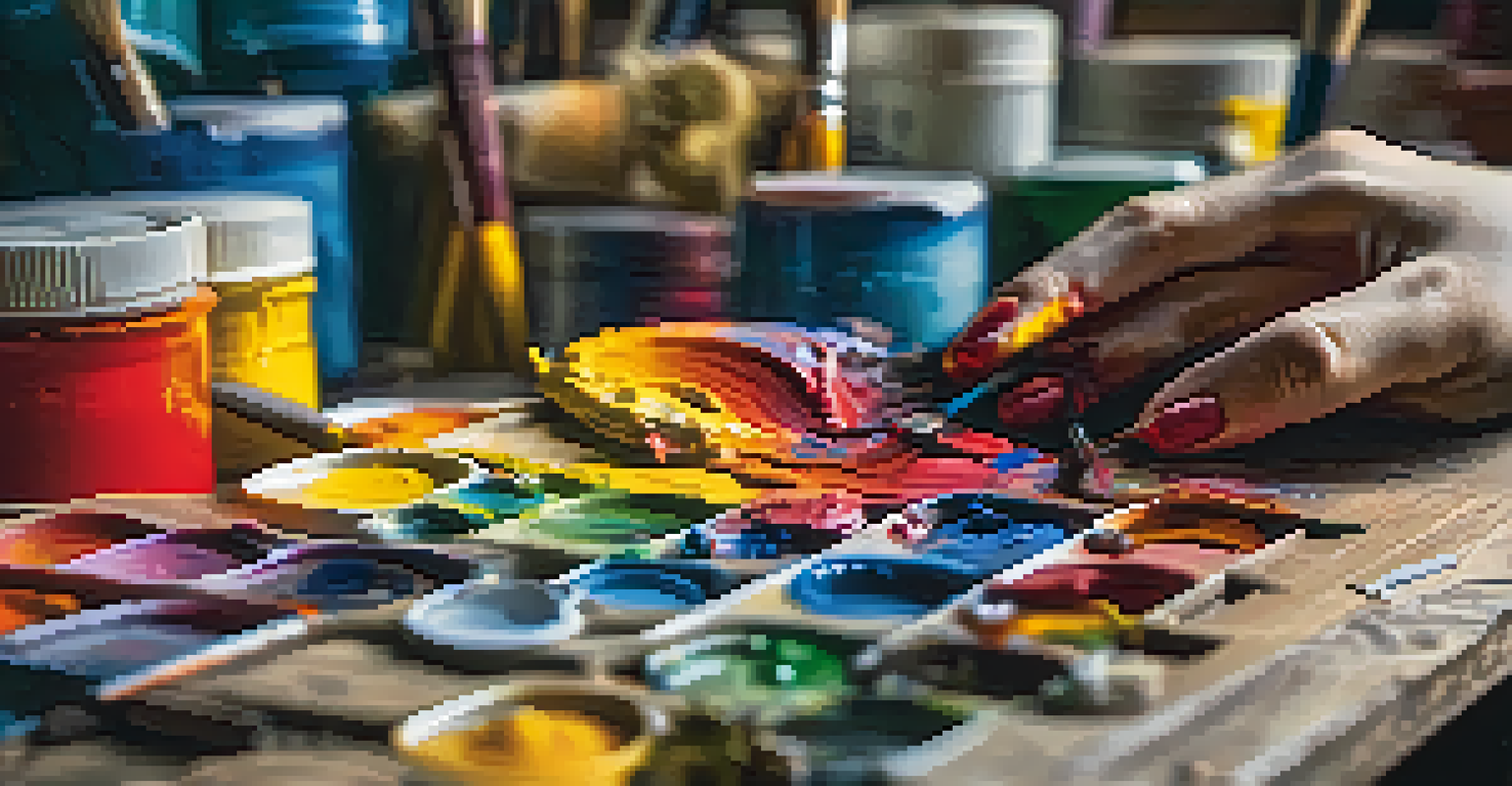 Close-up of an artist's hands mixing colorful paints on a palette.