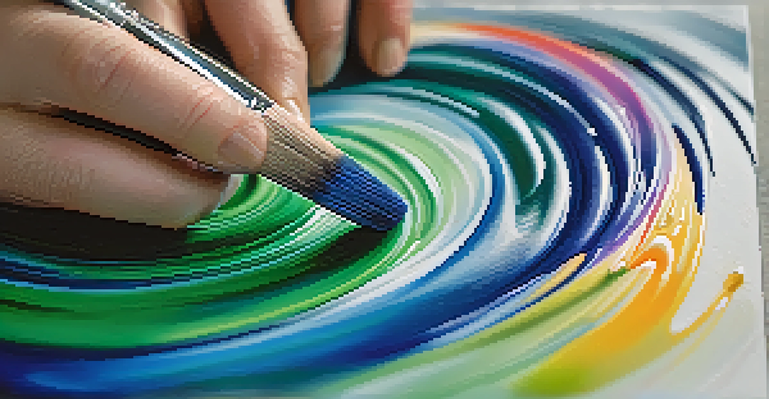 A close-up of a hand painting with watercolors, featuring swirling blues and greens on a textured canvas, capturing the essence of creativity.