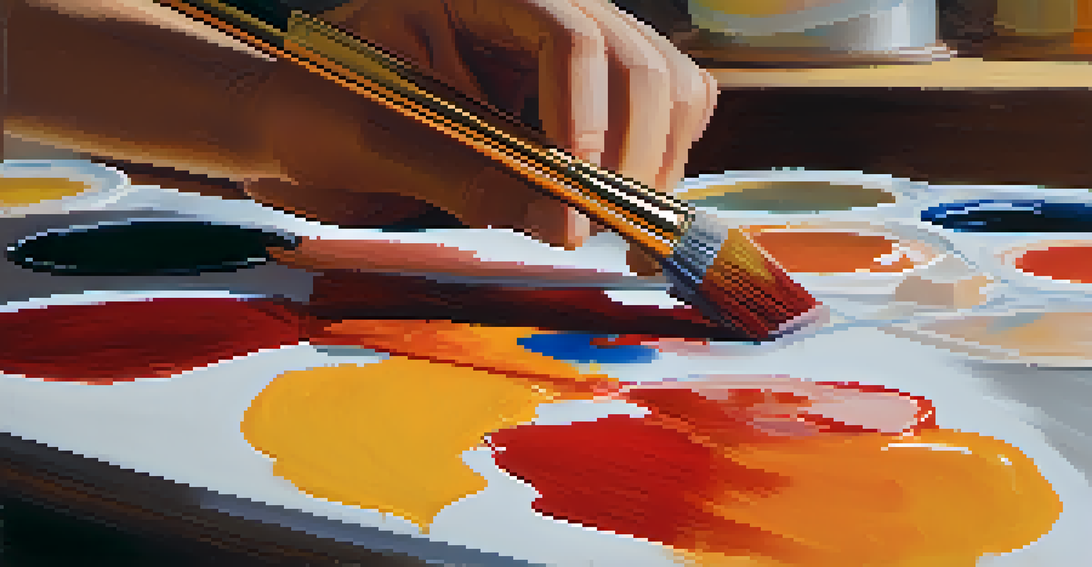 A close-up of a colorful canvas being painted with expressive brush strokes, showcasing an artist's hand and palette.