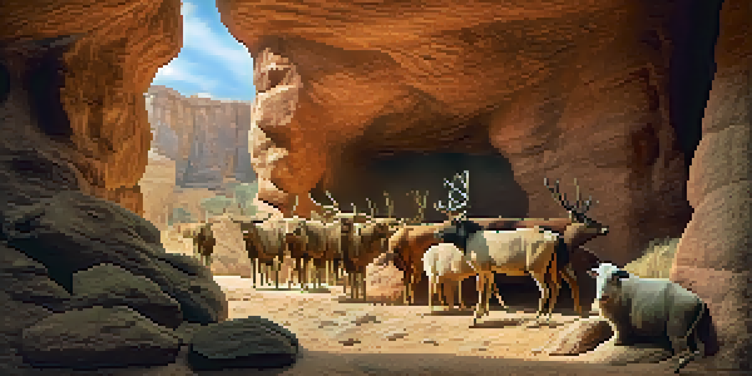 A prehistoric cave interior with ancient cave art depicting animals, illuminated by soft natural light.