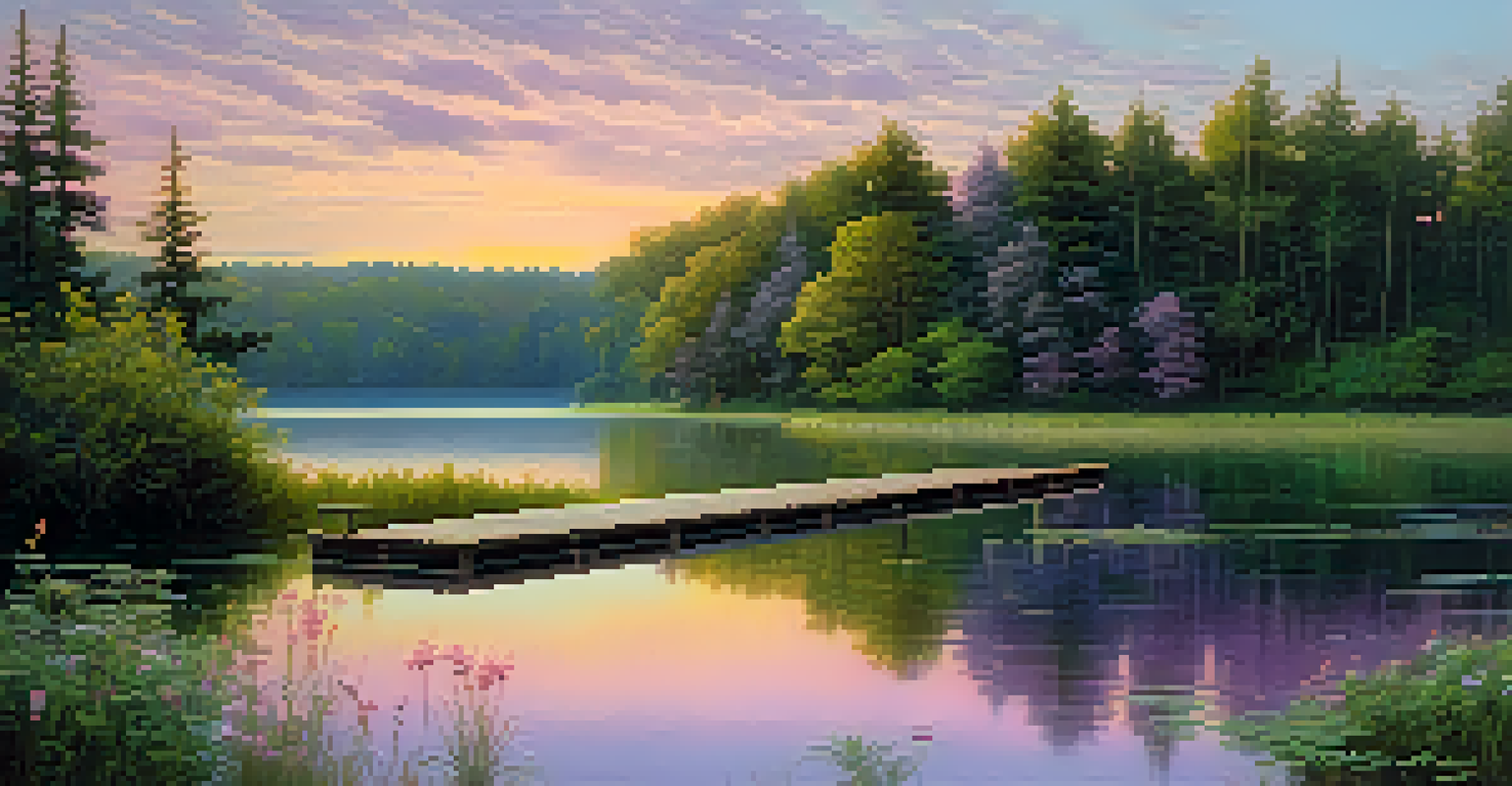 A peaceful dawn landscape with a calm lake, green trees, and colorful wildflowers.