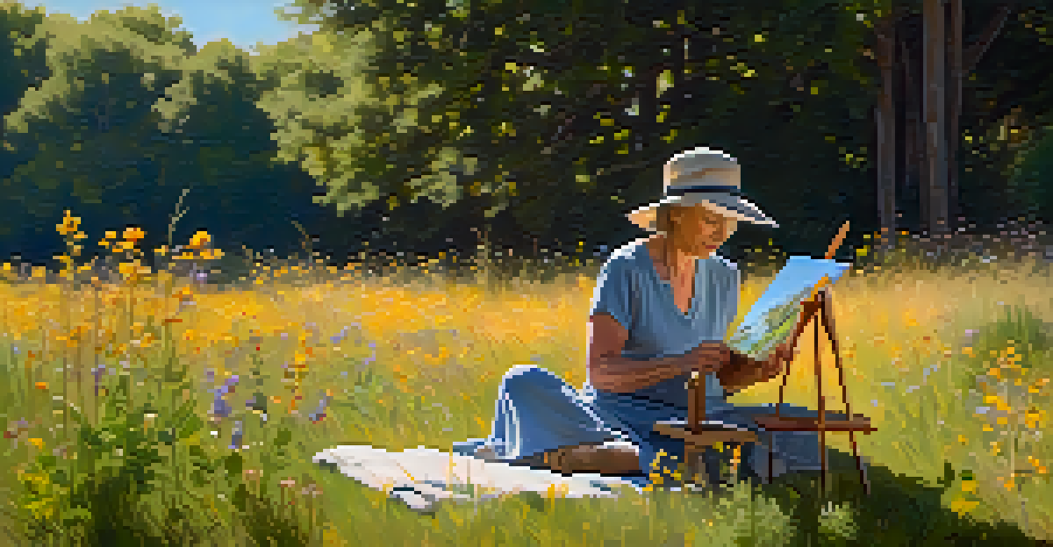 An artist painting outdoors in a sunny meadow filled with wildflowers, with a vibrant scene around her.