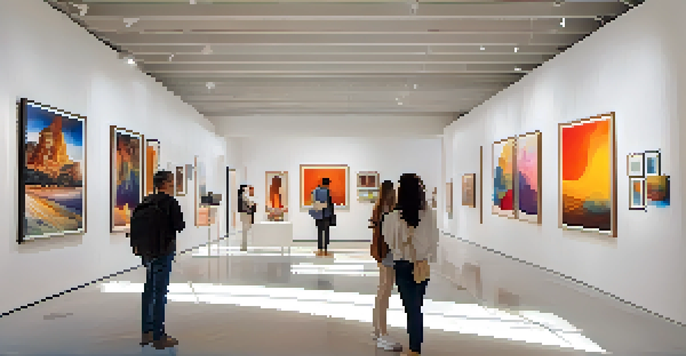 A modern art gallery with diverse artworks and visitors admiring the pieces under warm lighting.