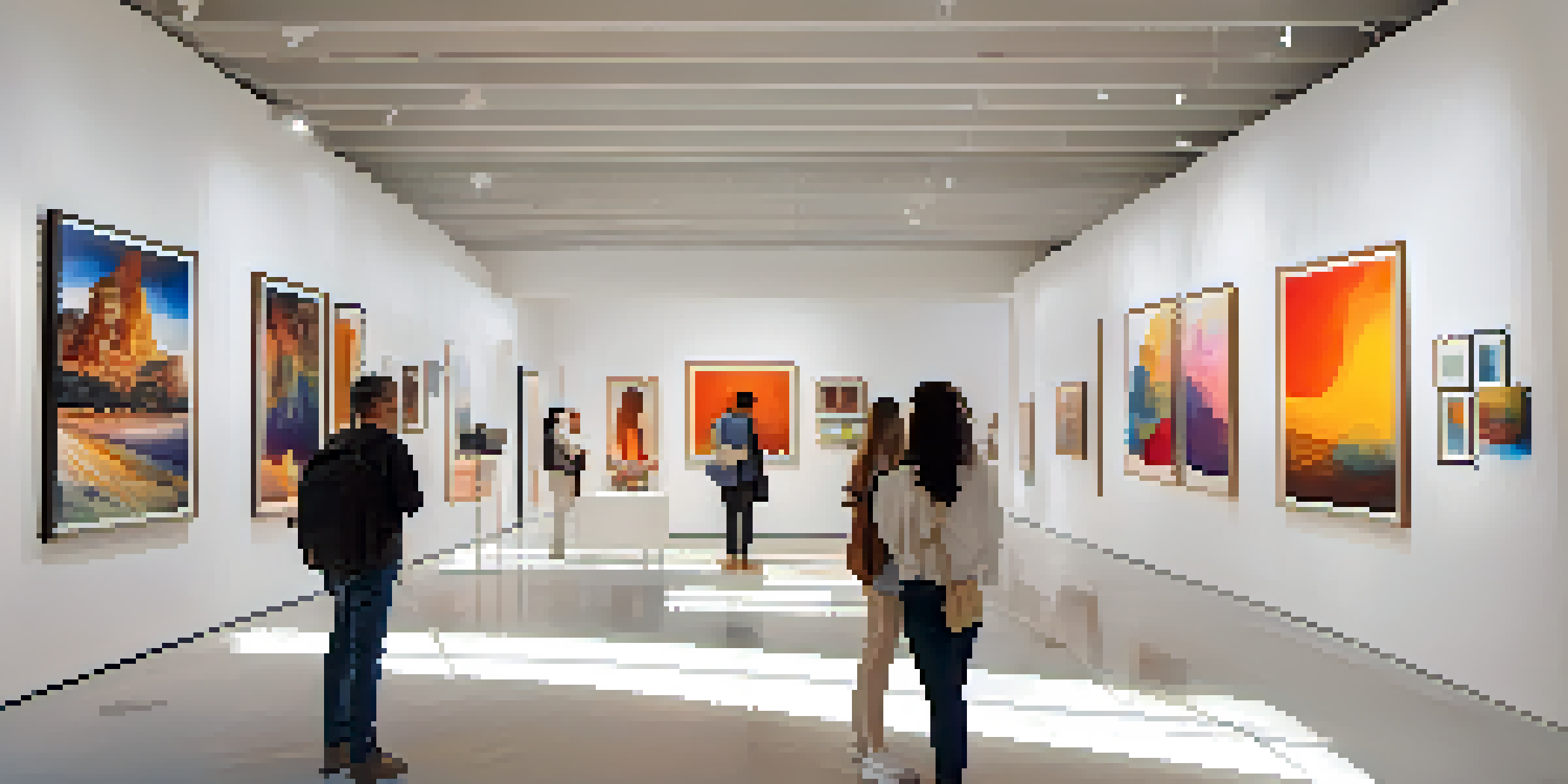 A modern art gallery with diverse artworks and visitors admiring the pieces under warm lighting.