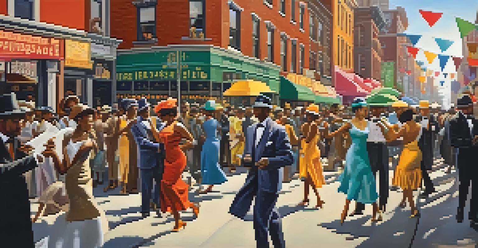 A lively street scene during the Harlem Renaissance with people in vintage clothing and musical notes in the air.
