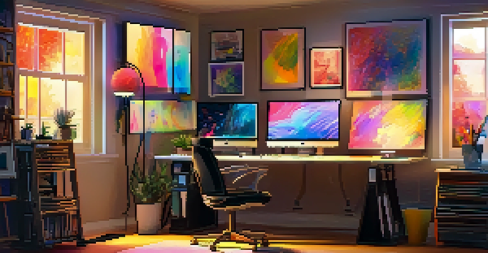 A digital art studio with art tools and a glowing computer screen showing an abstract painting.