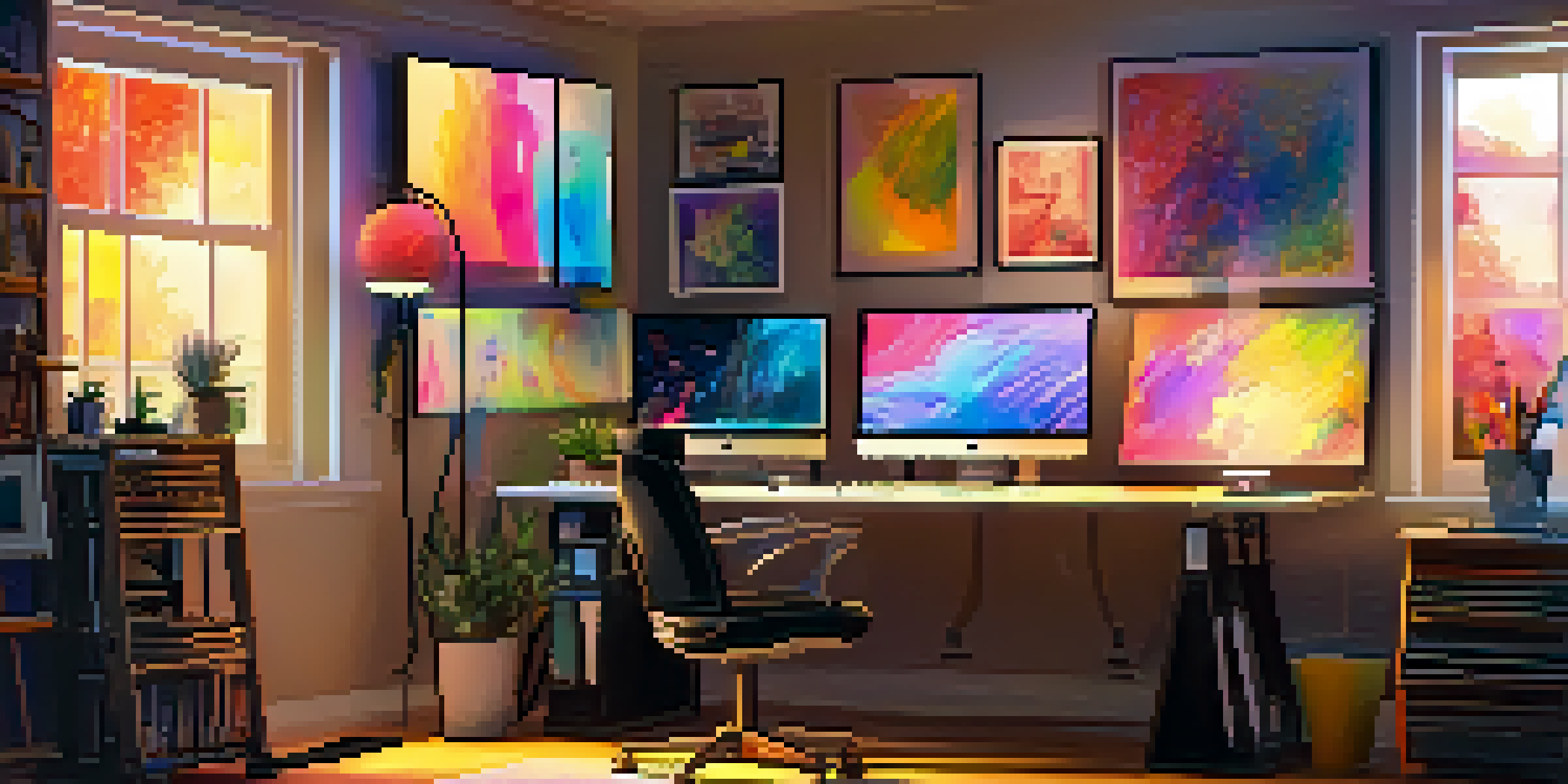A digital art studio with art tools and a glowing computer screen showing an abstract painting.
