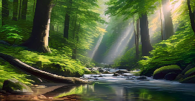 A lush, vibrant forest with sunlight filtering through the leaves and a winding stream, creating an immersive virtual reality experience.