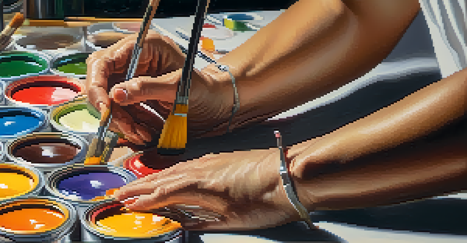 Close-up of a painter's hands working on a colorful canvas with an audience in the background.