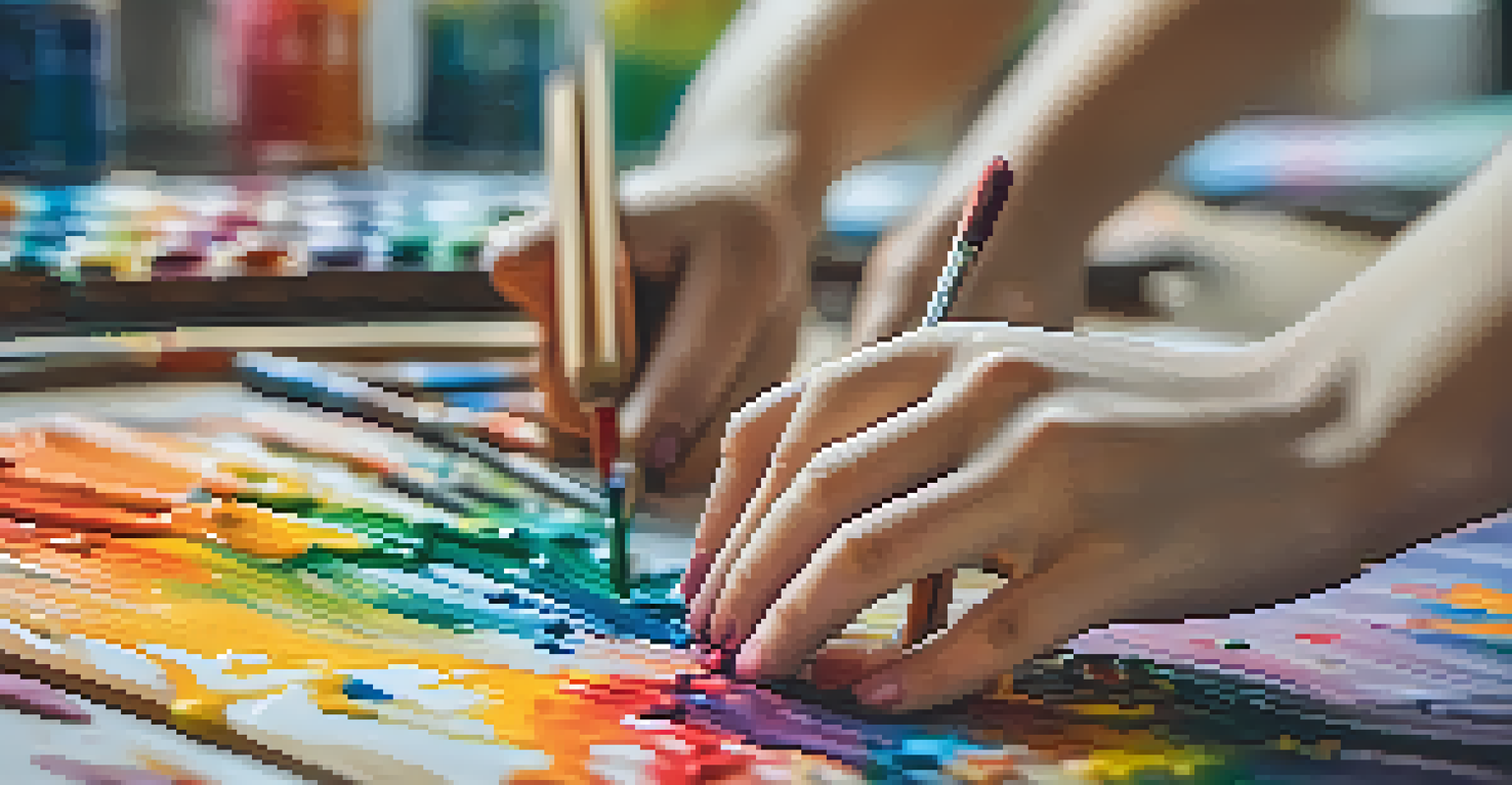 Close-up of colorful hands painting an abstract artwork on canvas with a blurred art studio in the background.