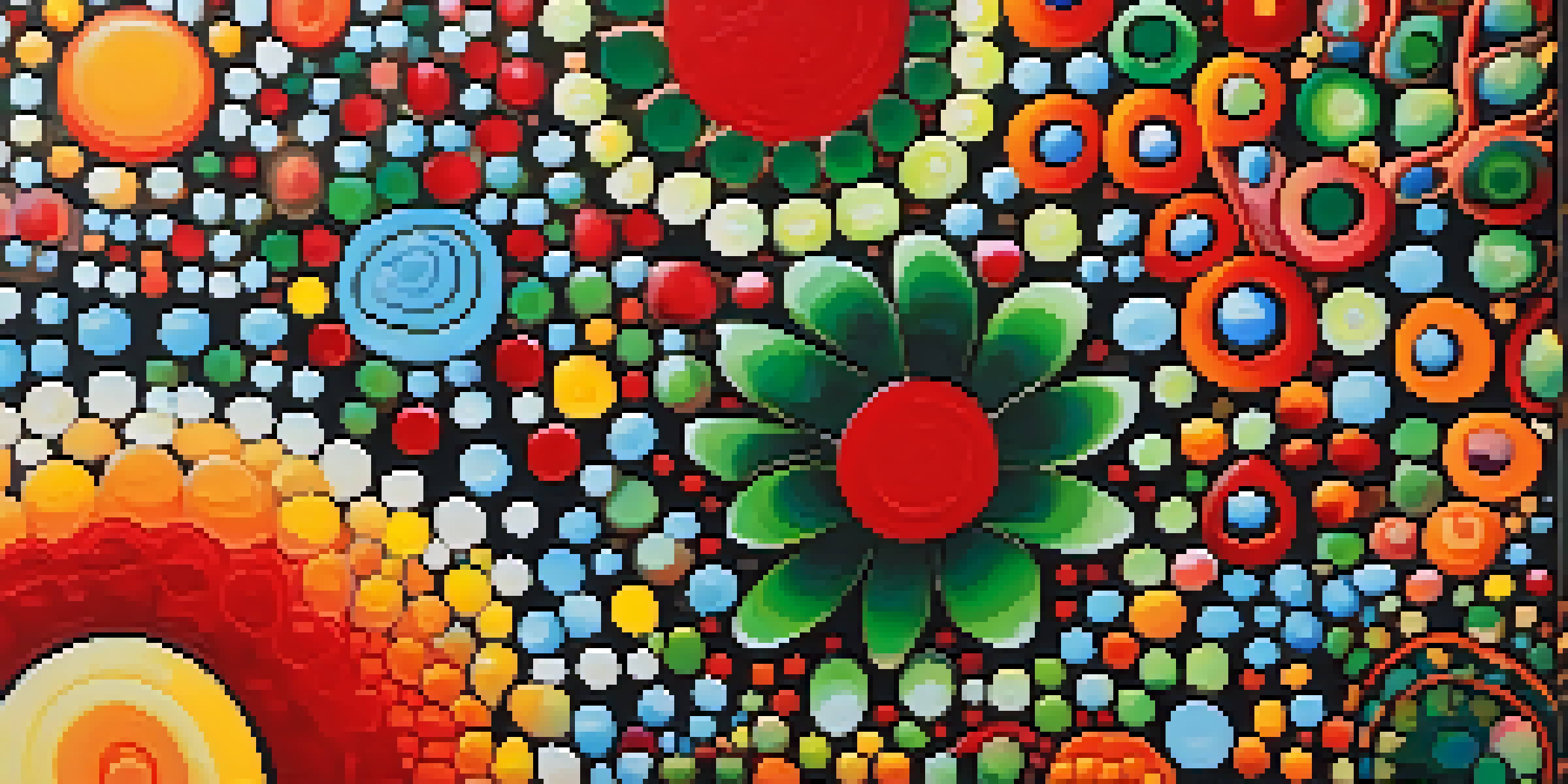 A detailed close-up of an Aboriginal dot painting with vibrant colors and intricate patterns, showcasing the textures created by varying dot sizes and densities.