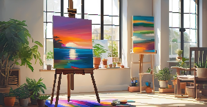 A bright and calming art therapy studio with a colorful abstract painting on an easel and art supplies on a table.
