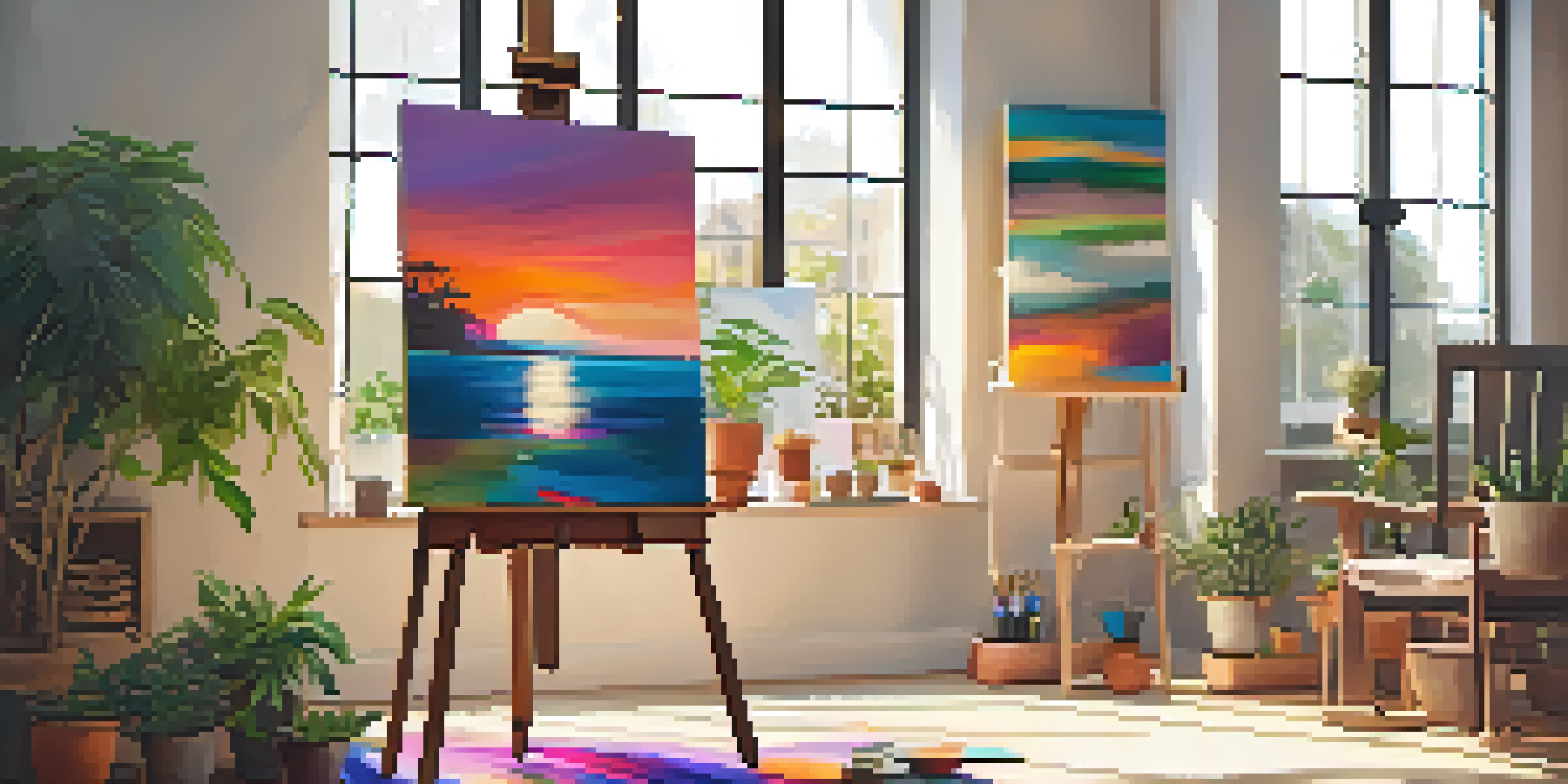 A bright and calming art therapy studio with a colorful abstract painting on an easel and art supplies on a table.