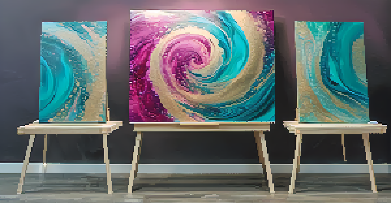 A finished acrylic pour painting on an easel, featuring colorful swirling patterns under soft light.