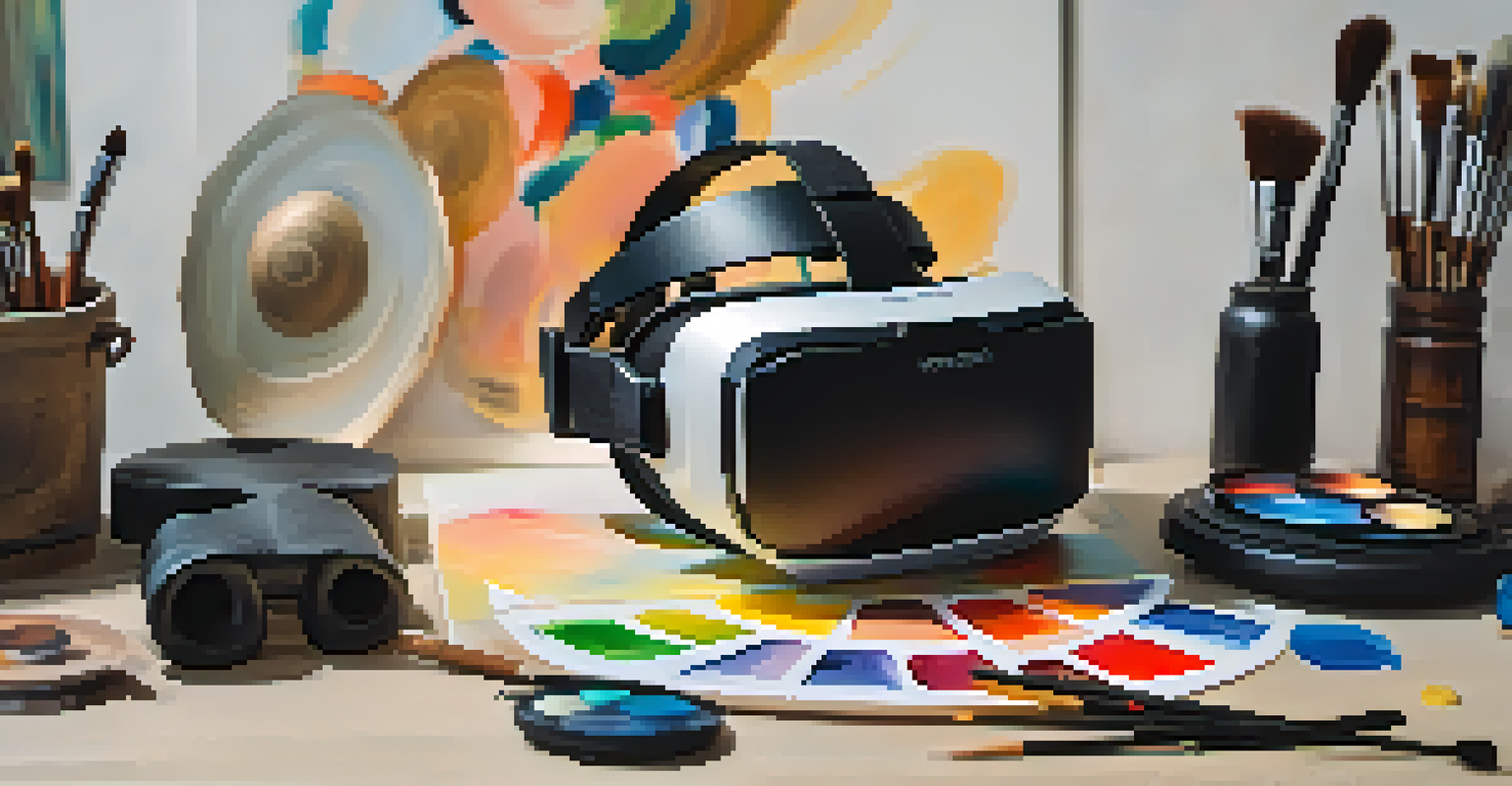 A close-up of a VR headset on a table with art supplies, set in a cozy art studio filled with artworks.
