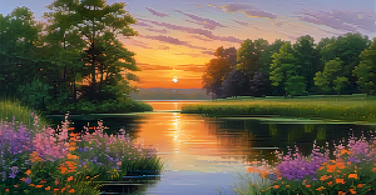 A tranquil lake at sunset, surrounded by green trees and blooming wildflowers.