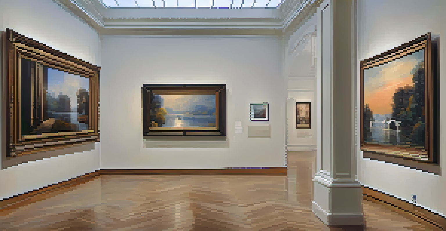An elegant art gallery with framed artworks and visitors admiring the pieces.
