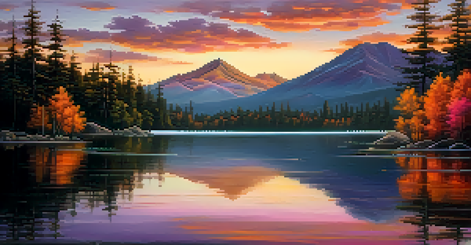 A peaceful landscape painting of a sunset over a lake, with mountains and forests in the background.