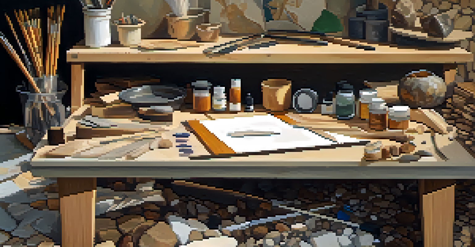 An artist's workspace featuring natural materials and a textured canvas, illuminated by warm natural light, showcasing the artistic process.