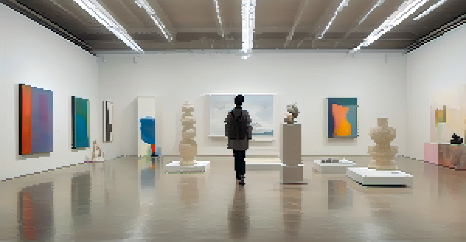 An artist in a minimalist space showcasing abstract sculptures and vibrant paintings.