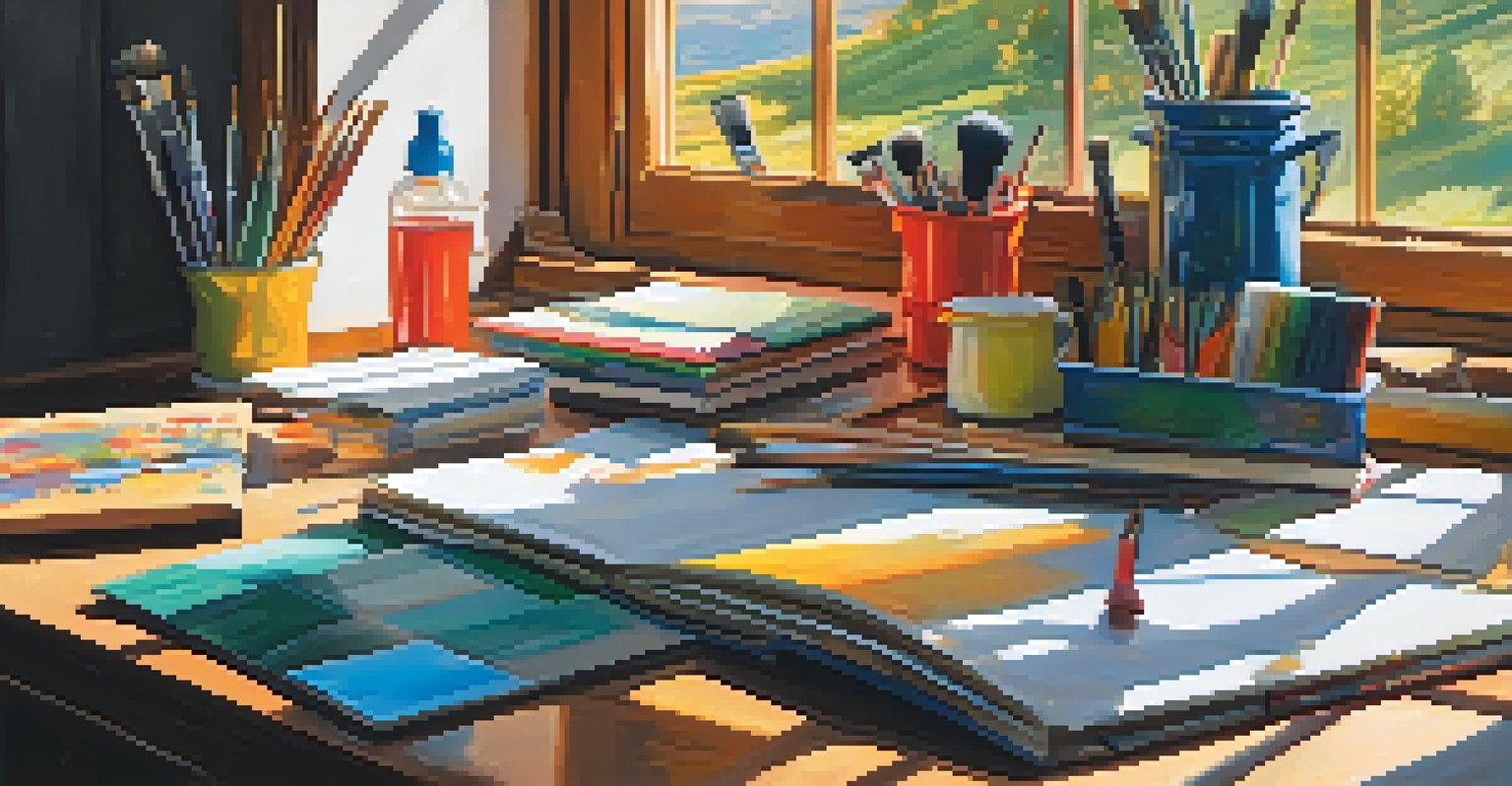 An artist's workspace with a colorful landscape painting, brushes, and a sketchbook, illuminated by sunlight.