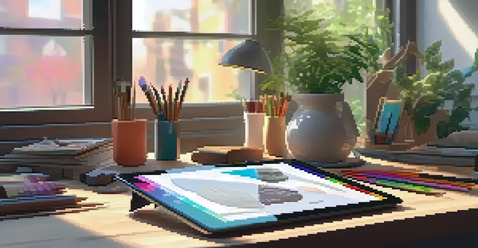 A peaceful digital art studio with a tablet, art supplies, and soft morning light.