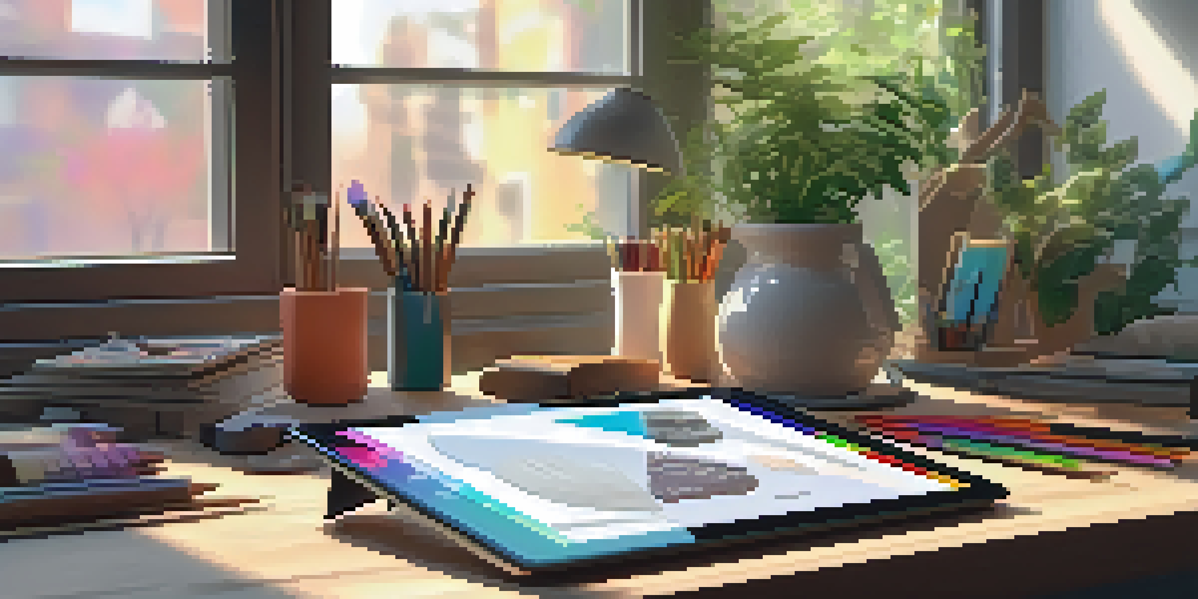 A peaceful digital art studio with a tablet, art supplies, and soft morning light.